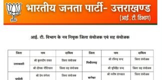 उत्तराखंडः-भाजपा आईटी विभाग ने की जिला सयोजको एवं सह सयोजको की नियुक्ति की घोषणा