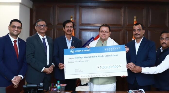 New Delhi:-लार्सन एंड टुब्रो के प्रतिनिधिमंडल ने सीएम धामी से की शिष्टाचार भेंट,मुख्यमंत्री राहत कोष में प्रदान की प्राकृतिक आपदाओं से प्रभावित लोगों की सहायता हेतु ₹5करोड़ की राशि