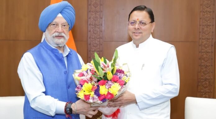 New Delhi:-केंद्रीय पेट्रोलियम एवं प्राकृतिक गैस मंत्री हरदीप सिंह पुरी से सीएम धामी ने की भेंट-चारधाम यात्रा हेतु एलपीजी आपूर्ति 100 प्रतिशत बनाए रखने का किया अनुरोध